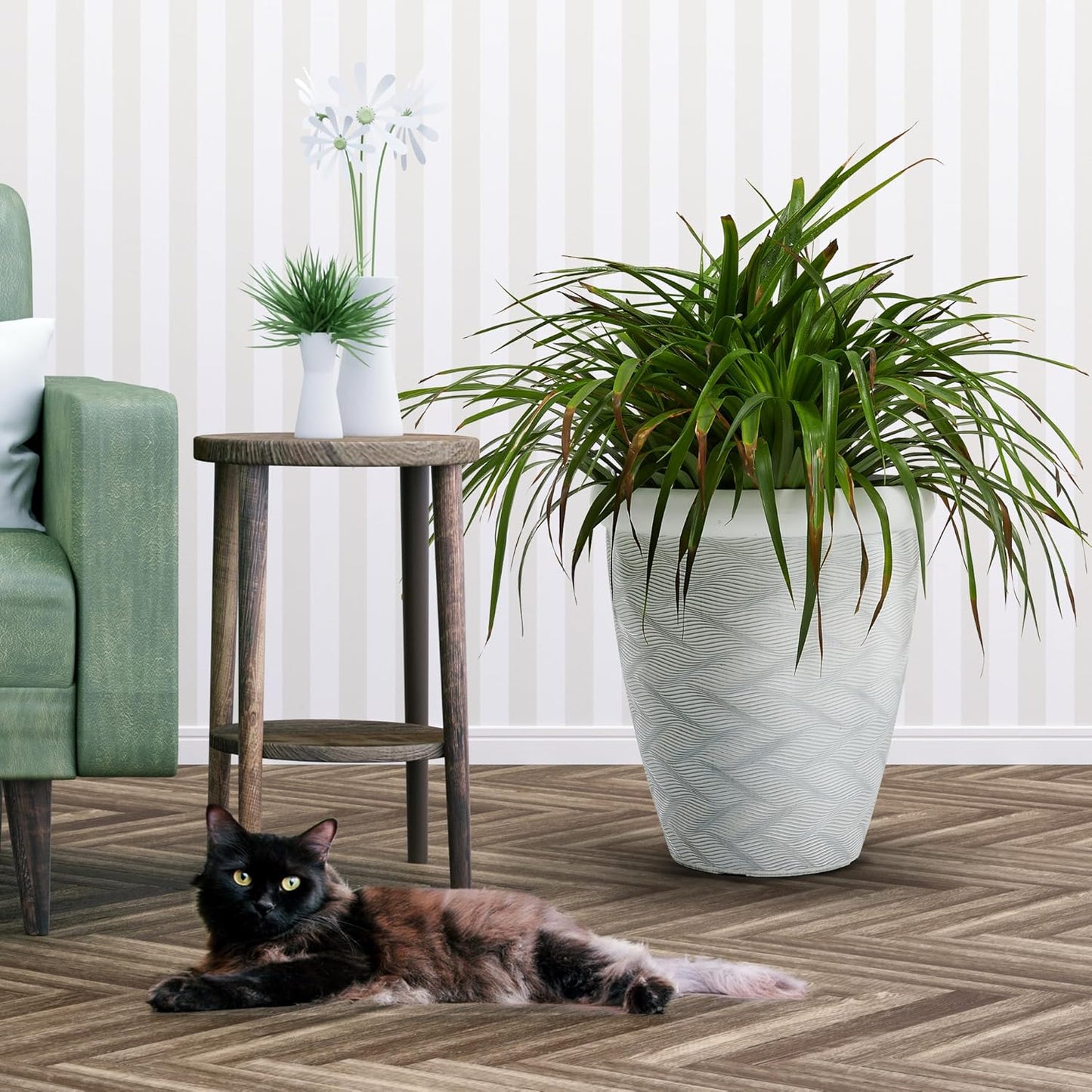 Worth Garden 2-Pack 16" Large Round Planter - Weave Pattern Lightweight Plastic Plant Pot 16" x 17.5" for Indoor Outdoor Use - Decorative Containers for Front Porch Home Yard Deck Patio - White