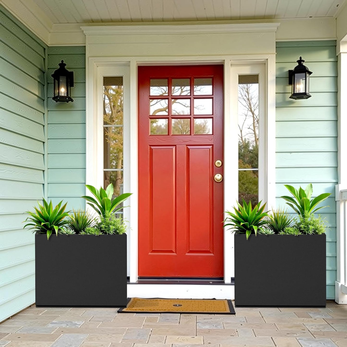 Large Rectangle Planter Metal Black Planter Box with a Drainage Hole and a Removable Divider Indoor Outdoor Porch Pots for Tall Plants, Trees, Flowers 29.92"x 12.01" x 24.02" Black