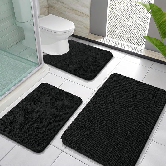 OLANLY Bathroom Rugs Sets 3 Piece, Soft Absorbent Chenille Bath Mats and U-Shaped Contour Toilet Rug, Quick Dry, Home Decor Accessories, Bath Mat Set for Bathroom (30"x20"+24"x16"+24"x20", Black)