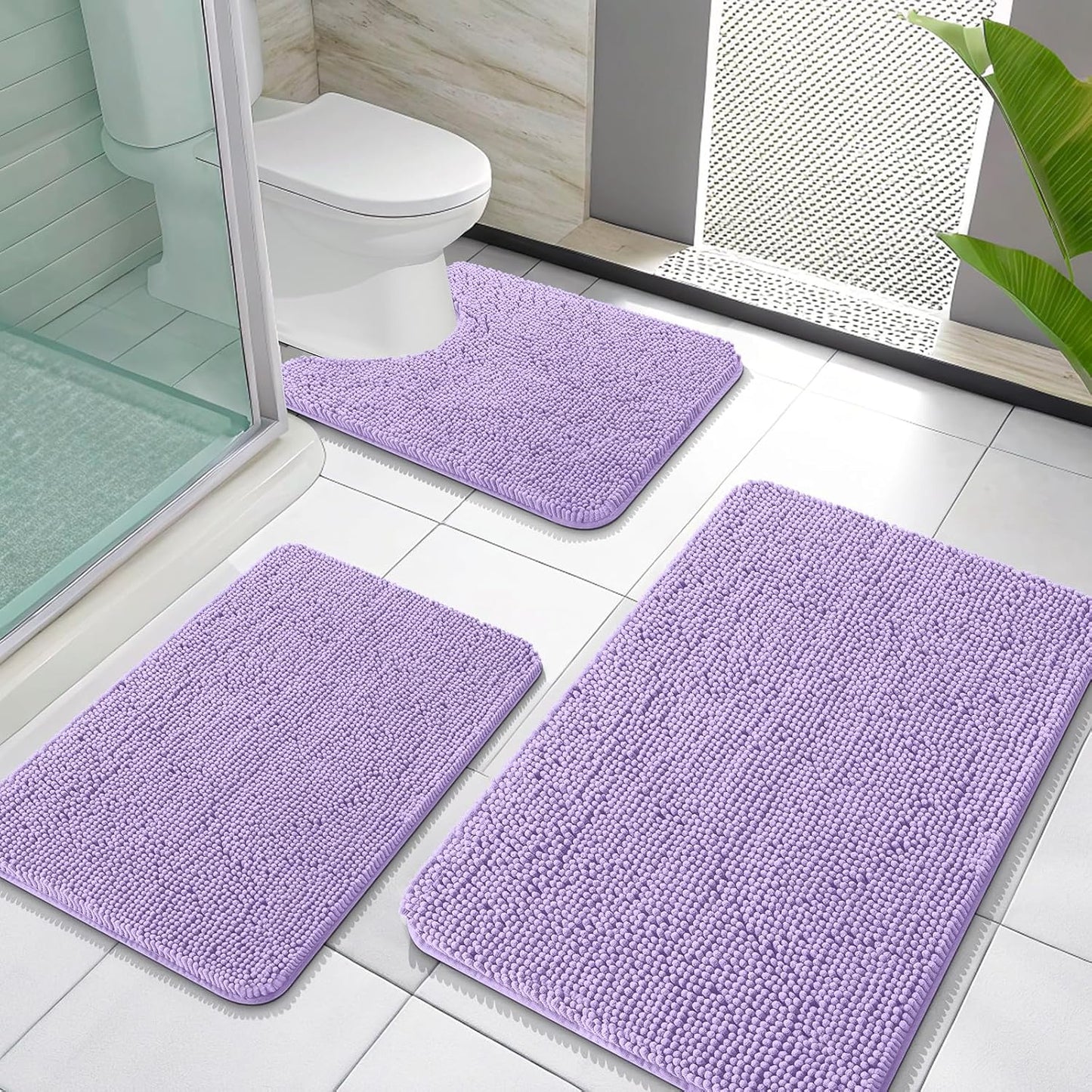 OLANLY Bathroom Rugs Sets 3 Piece, Soft Absorbent Chenille Bath Mats and U-Shaped Contour Toilet Rug, Quick Dry, Home Decor Accessories, Bath Mat Set for Bathroom (30"x20"+24"x16"+24"x20", Lavender)