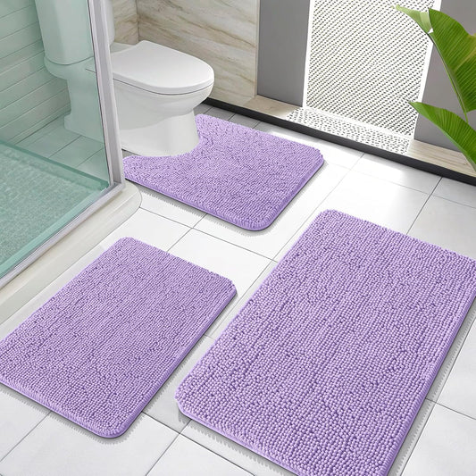 OLANLY Bathroom Rugs Sets 3 Piece, Soft Absorbent Chenille Bath Mats and U-Shaped Contour Toilet Rug, Quick Dry, Home Decor Accessories, Bath Mat Set for Bathroom (30"x20"+24"x16"+24"x20", Lavender)
