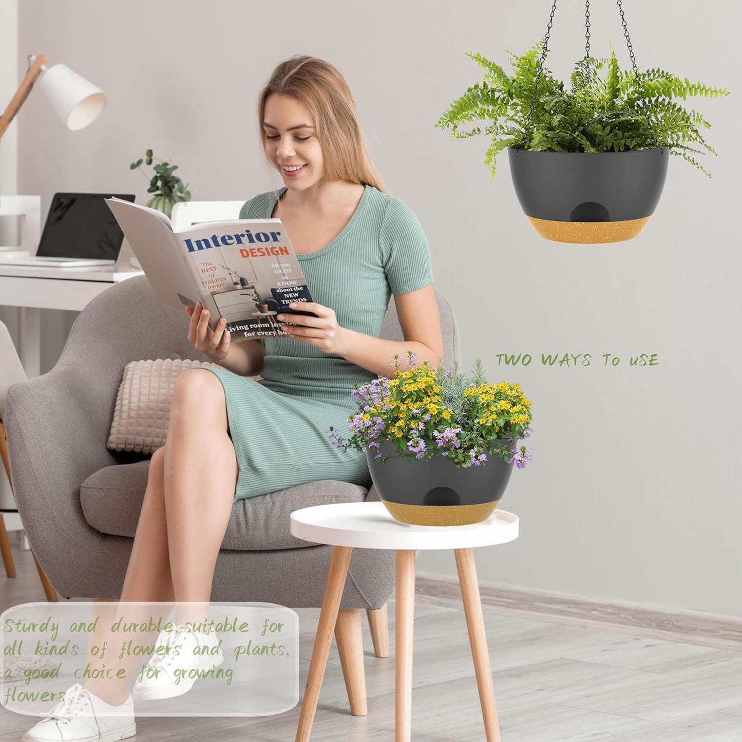 10 Inch Hanging Baskets 2 PC with Chains, Self-Watering Hanging Planters for Indoor Outdoor Plants, Plastic Hanging Flower Pots,Black Brown