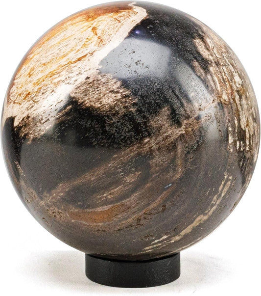 KALIFANO - 5" Black Petrified Wood Sphere, Natural Earthy Elegance for Your Space, Office or Home Decor