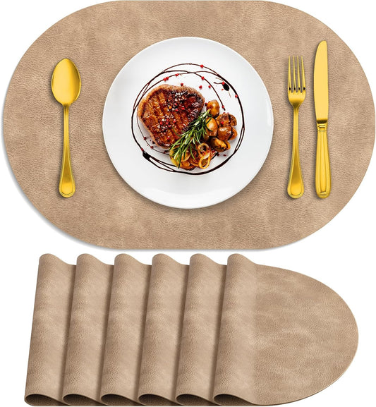 ADRIMER Placemats, Heat Resistant Oval Placemats Set of 6 Washable 12 x 17 Inch, Waterproof Table Placemats Set of 6, Wipeable Faux Leather Placemats for Kitchen, Dining Room, Apricot