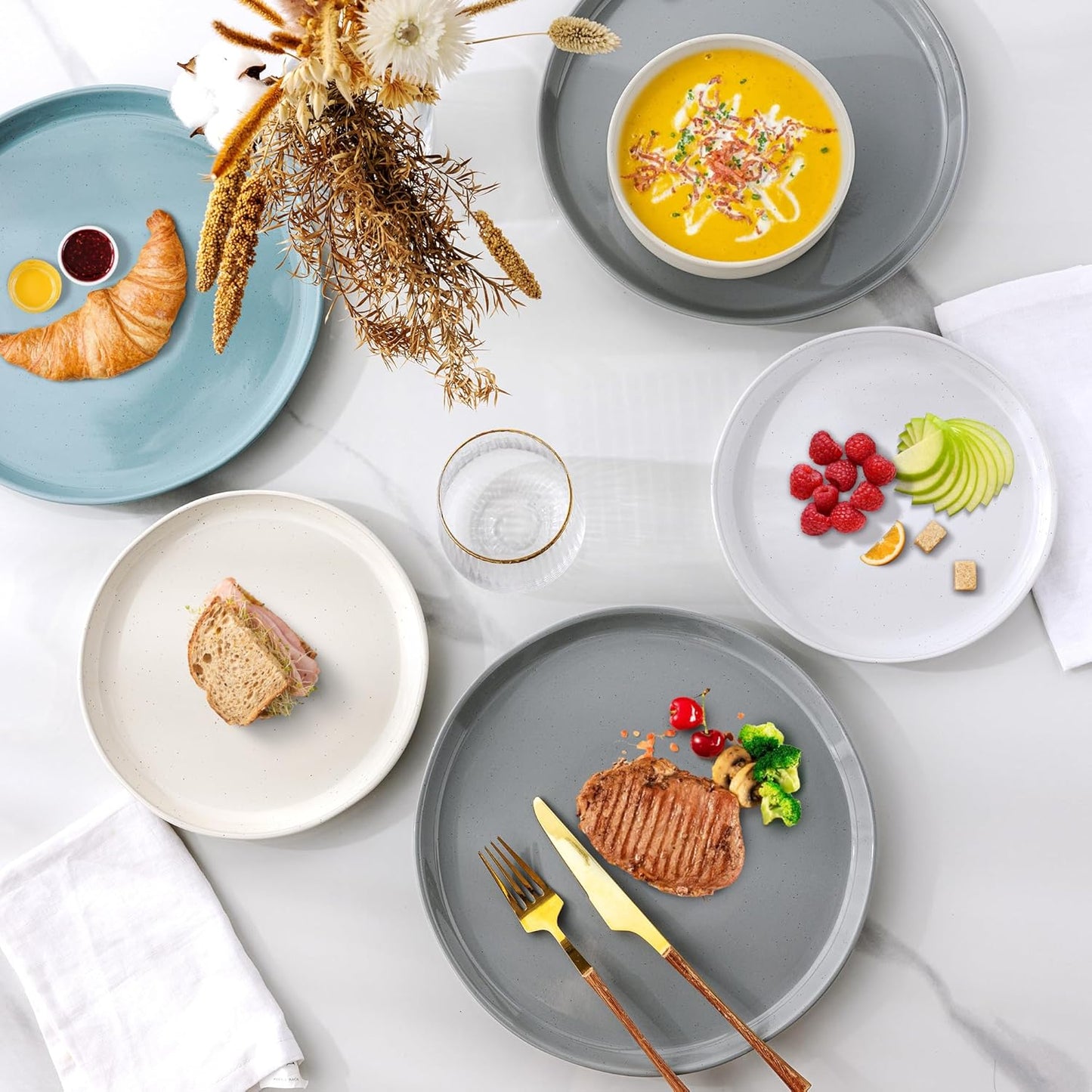 GBHOME Ceramic Dinnerware Set for 4, 12pcs Stoneware Plates and Bowls Sets, Handmade Chip and Scratch Resistant Dishes Set, Dishwasher & Microwave Safe