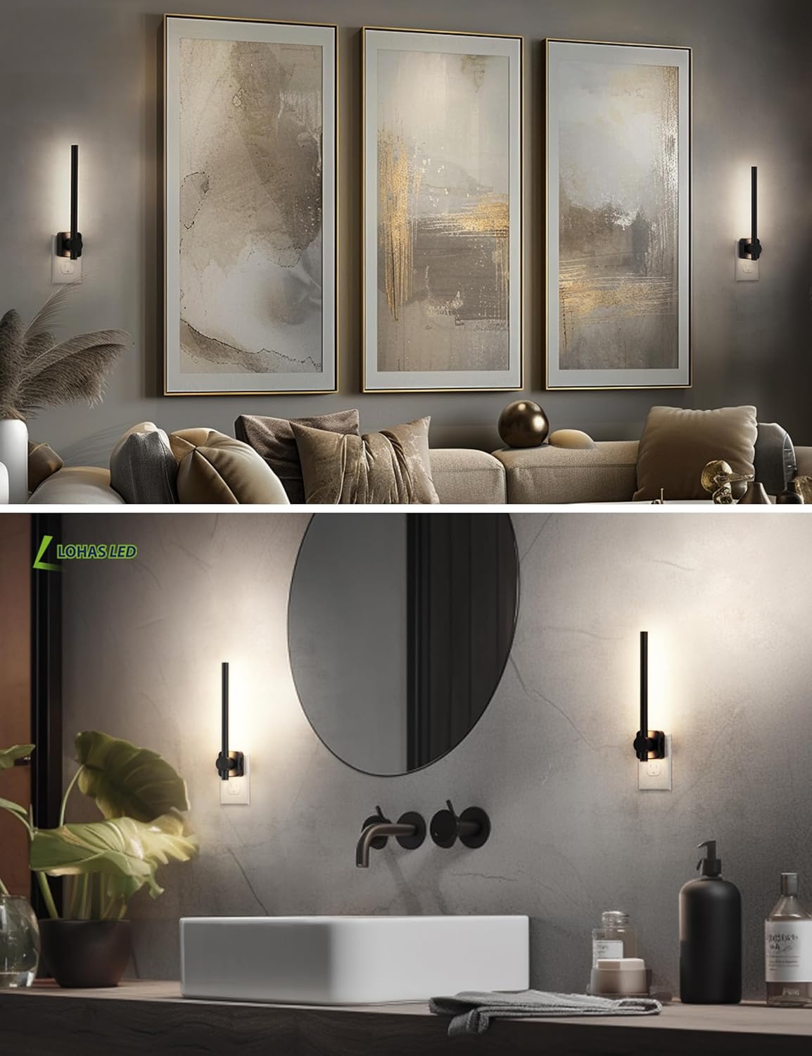 L LOHAS LED Night Light, 2 Pack Dimmable Night Lights Plug into Wall 0-200LM, Dusk to Dawn Sensor, 2W Bathroom Night Lights, Daylight 5000K, Modern Black Plug in Nightlight for Mirror Restroom