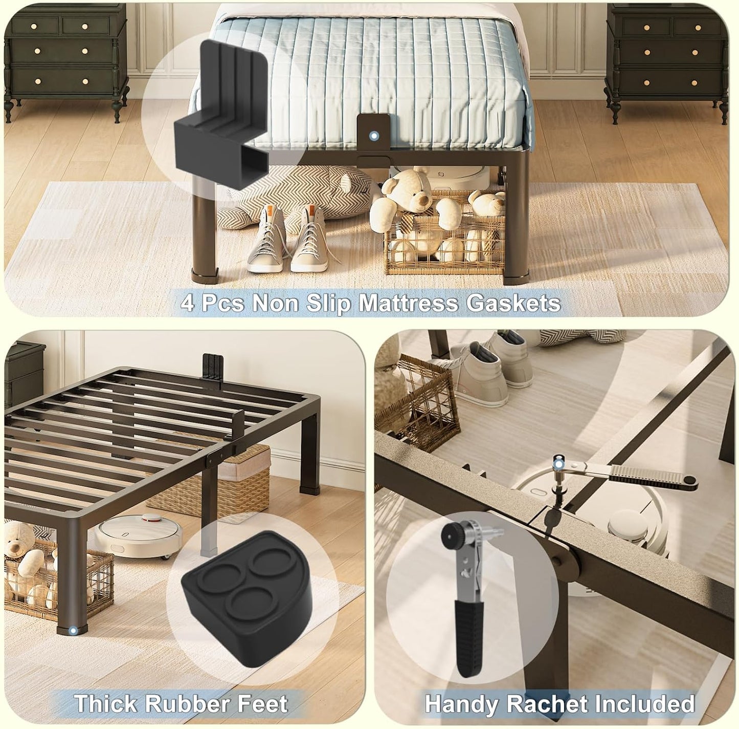 10 inch Twin Bed Frame with Round Corner Legs Mattress Slide Stopper,Low Profile Heavy Duty Metal Platform,No Box Spring Needed,Steel Slat Support,Easy Assembly,Noise Free
