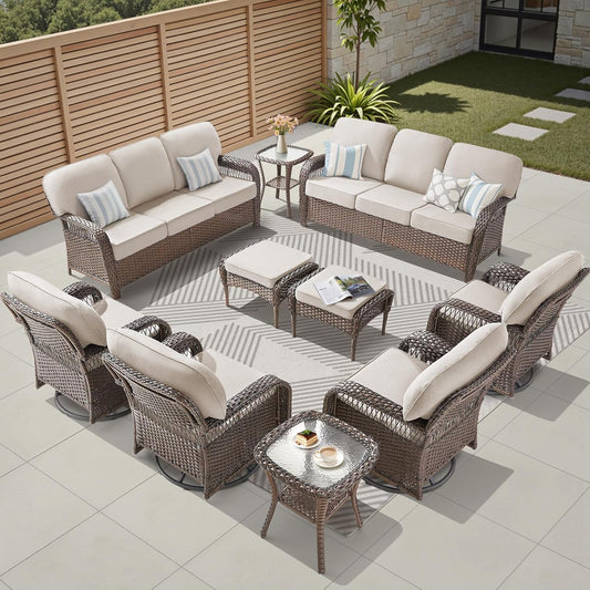 10 Pieces Patio Furniture Set Outdoor Sectional Sofa Couch with Rocking Swivel Chairs 5" Deep Seat Chairs, Modern Wicker Rattan Conversation Set, Beige/Brown Wicker
