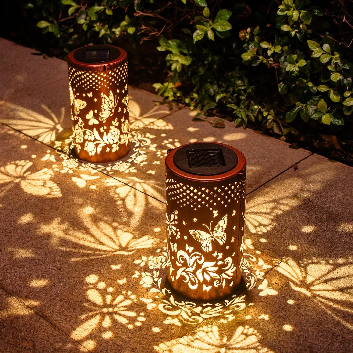 2 Pack Butterfly Birthday Gifts for Women Mom Grandma Solar Lanterns Outdoor Waterproof Garden Decor Metal Hanging LED Decorative Light for Patio Yard Lawn Backyard Front Porch Gardening Gifts