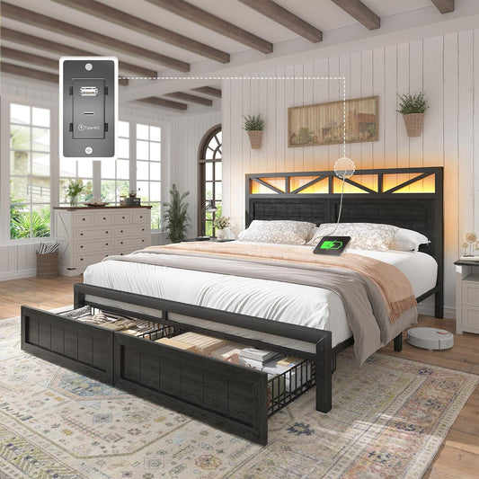 EnHomee Full Size Bed Frame with 2 Storage Drawers and Headboard Built in Charging Station & LED Light,NO Noise,No Box Spring Needed,Black