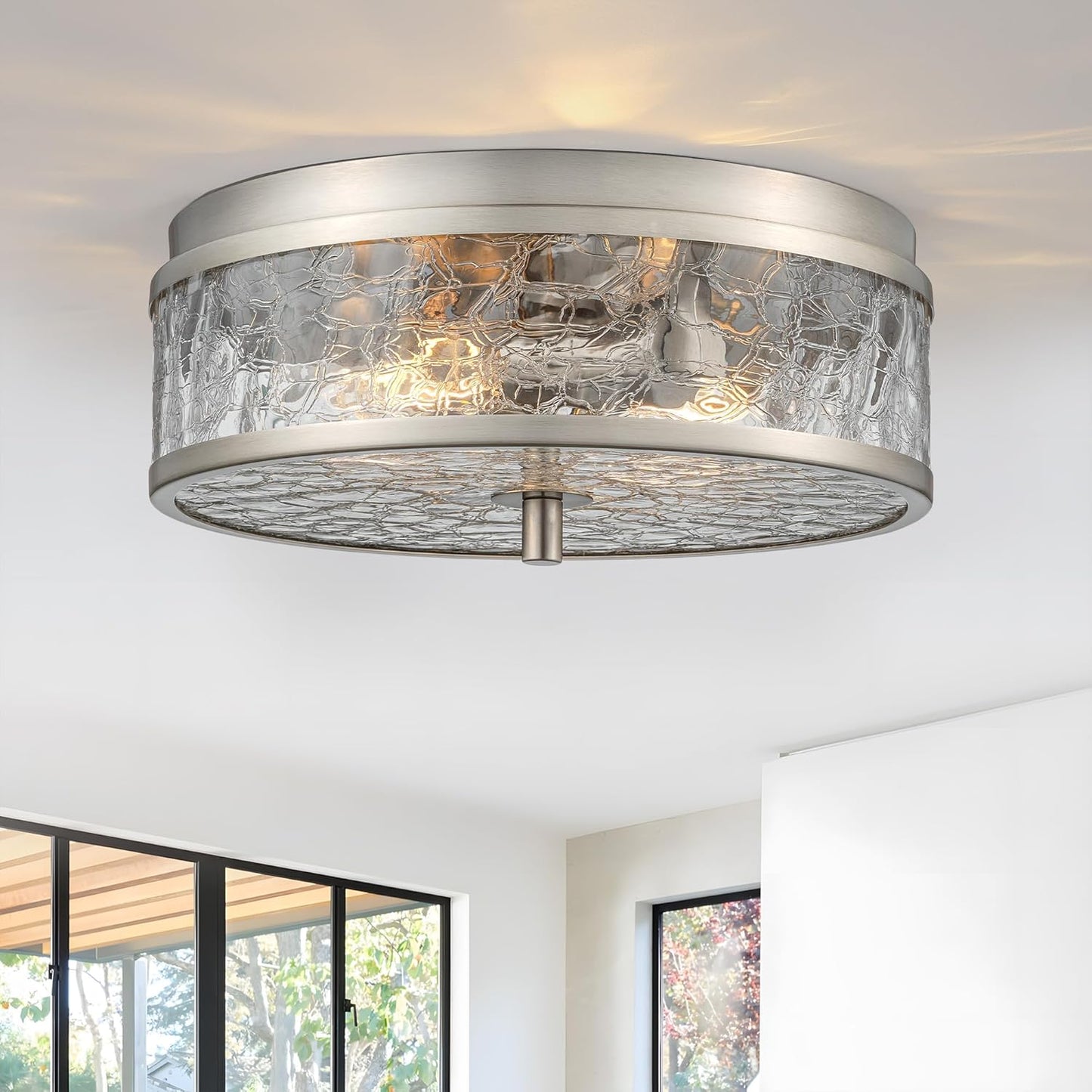 LamQee 12 Inch Flush Mount Ceiling Light with Crackled Glass Shade, 2-Lights Modern Farmhouse Close to Ceiling Lighting Fixture for Hallway Kitchen Bedroom Bathroom Foyer Entryway, Brushed Nickel