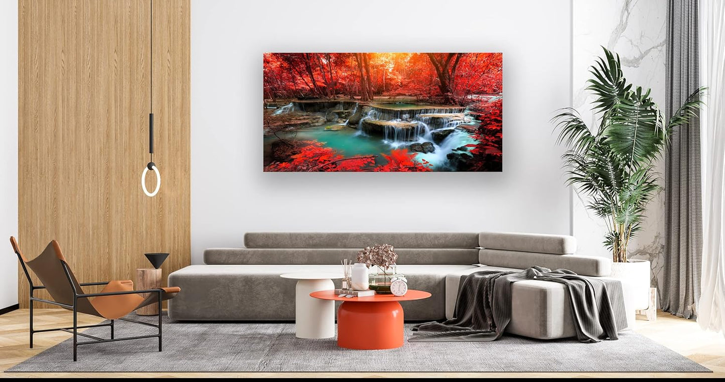 Muolunna BK03962 Wall Art Decor Canvas Print Picture Red Forest Waterfalls 1 Piece Modern Landscape Tree for Living Room Bedroom Kitchen Office Home Decorations Stretched and Framed Ready to Hang