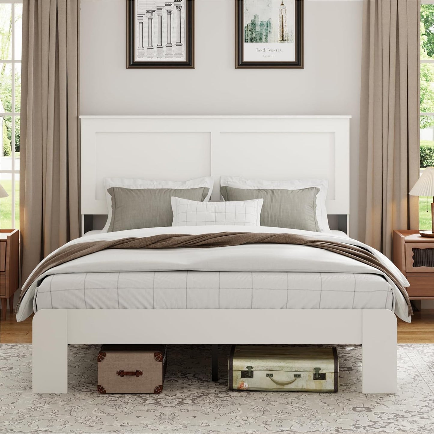 Wood Platform Bed Frame, Full Bed Frame with Headboard and Wood Slat Support, Easy Assembly, No Box Spring Needed, Noise-Free, White