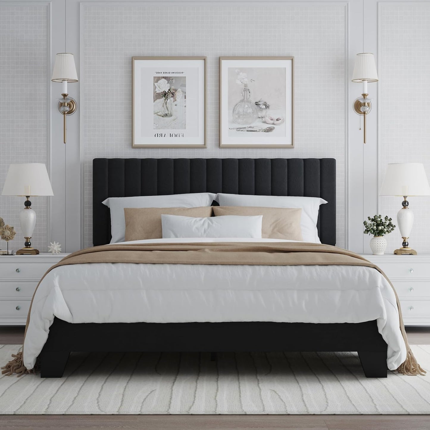 Queen Size Bed Frame with Adjustable Tufted Headboard – Velvet Upholstered Platform Bed, Sturdy Frame & Slats, No Box Spring Needed, Noise-Free, Easy Assembly (Black, Queen)