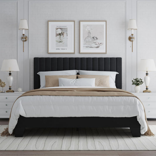 Queen Size Bed Frame with Adjustable Tufted Headboard – Velvet Upholstered Platform Bed, Sturdy Frame & Slats, No Box Spring Needed, Noise-Free, Easy Assembly (Black, Queen)