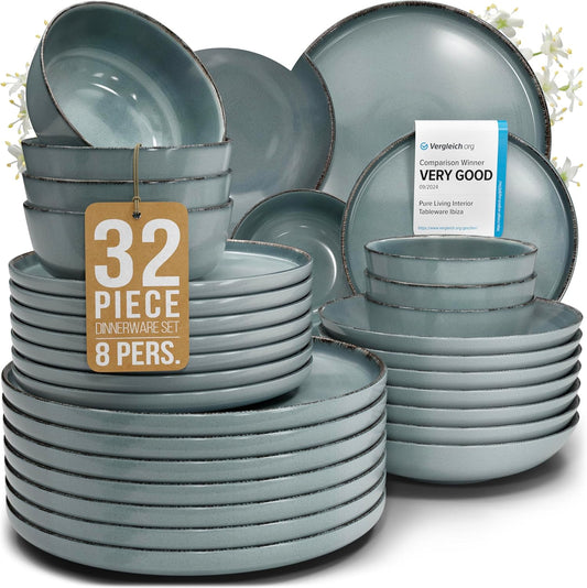 Stoneware dinnerware set 8 persons Rustic 32 pcs - Rustic design dinnerware set, dishwasher safe - Bowl and plate set - Pure Living dinnerware in smoky blue…