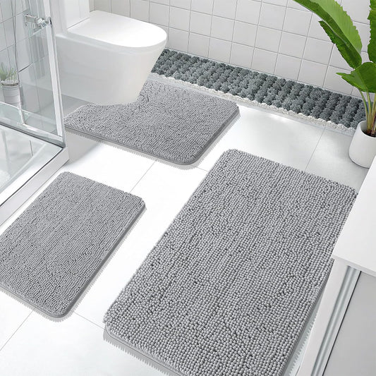 OLANLY Bathroom Rugs Sets 3 Piece, Soft Absorbent Chenille Bath Mats and U-Shaped Contour Toilet Rug, Quick Dry, Home Decor Accessories, Bath Mat Set for Bathroom (36"x24"+24"x16"+24"x20", Light Grey)