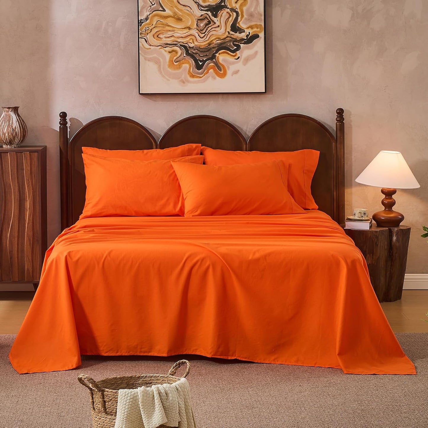 100% Linen Sheets King Size,Breathable & Durable 4-Piece Bed Flax Sheet Set,Soft All-Season Bedding for Hot Sleepers 16" Deep Pocket Oeko-TEX Certified,（King, Orange）