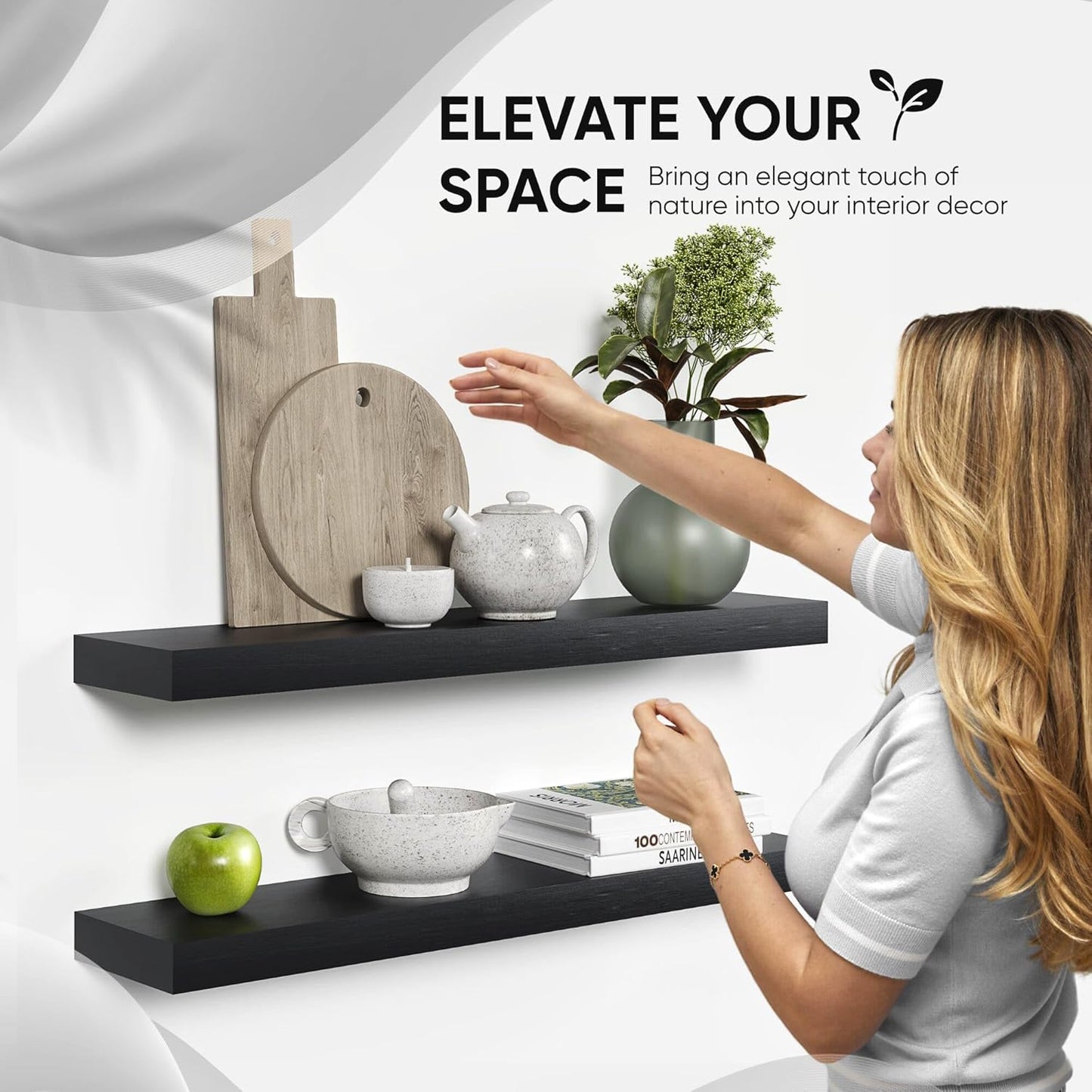 Homeforia Black Floating Shelves 30 inches Long, High End Solid Real Wood 30 inch Floating Shelf for Wall Mounted, Black Wooden 30in Floating Shelves, Heavy Duty Bracket, 30 X 6.5 X 1.75 in, Set of 4