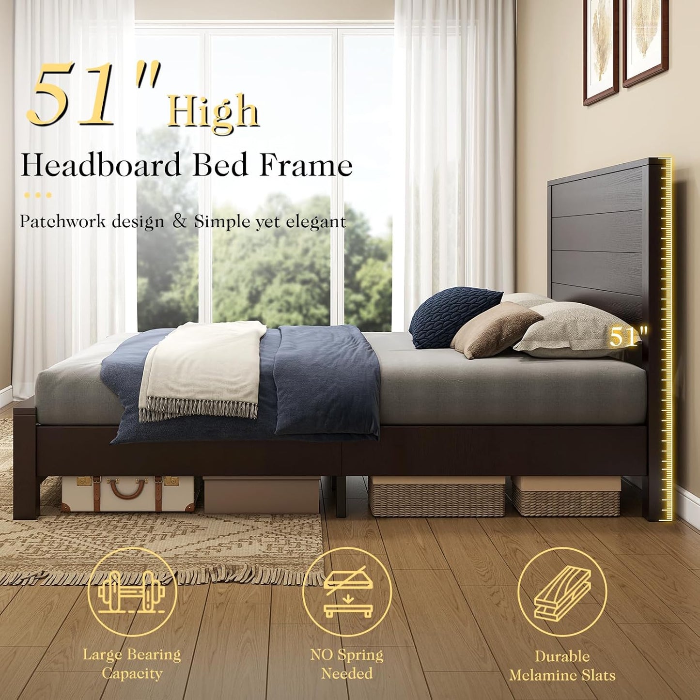 51.2" H Wood Bed Frame with Headboard, Platform Bed Frame Full Size with Wooden Slat Support, No Box Spring Needed/Easy Assembly, Rustic Pine, Deep Brown