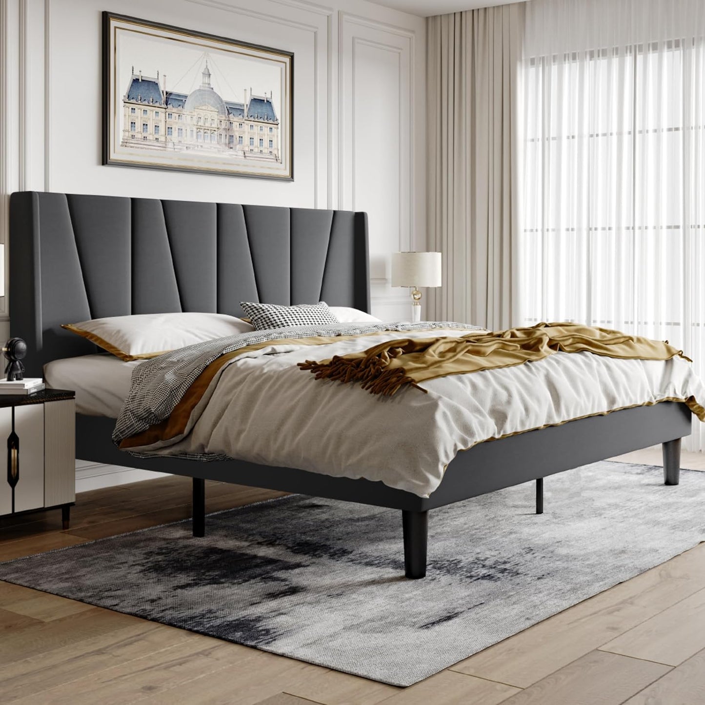 HOOMIC King Size Platform Bed Frame with Geometric Wingback Headboard, Wooden Slats Support, No Box Spring Needed, Modern Style in Dark Grey