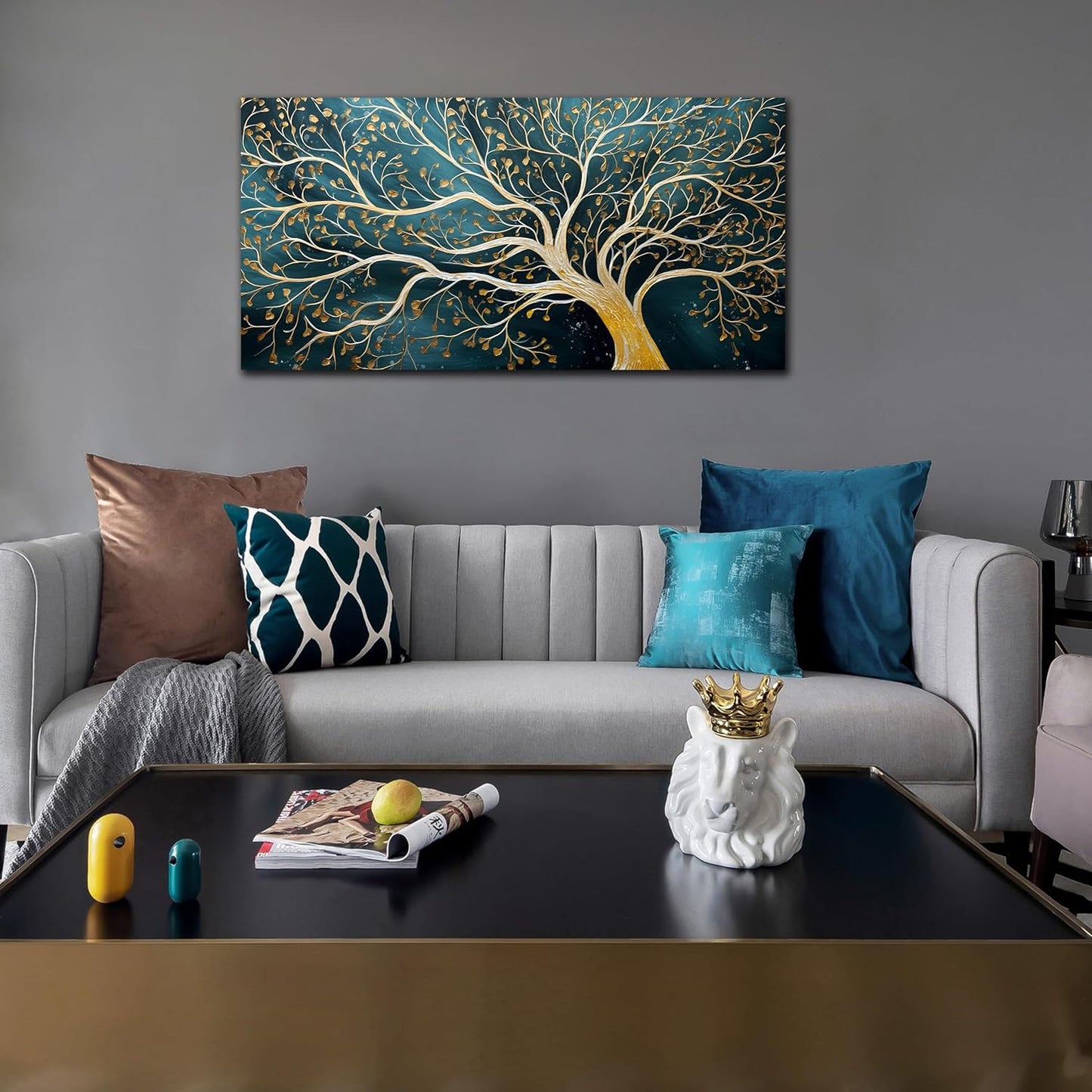 ENTANUB Tree Wall Art for Living Room, Abstract Canvas Wall Decor for Bedroom, Gold and Green Picture Print Artwork, Size 40 x 20 Inches