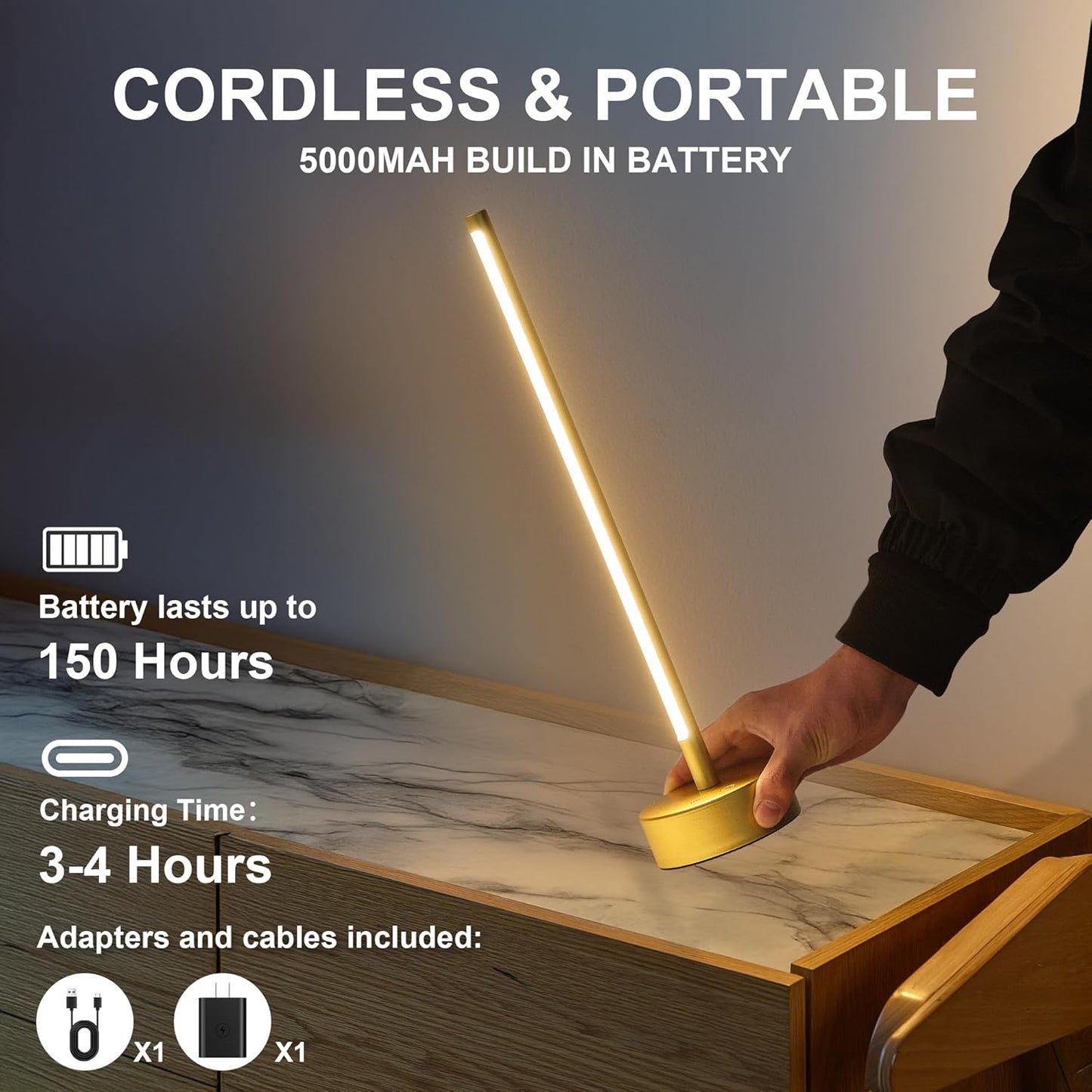 Cordless LED Table Lamp, Battery Operated Portable Desk Lamp,Dimmable/3 Color/Memory Function,Modern Rechargeable Table Light for Living Room,Bedroom,Bedside,Gold
