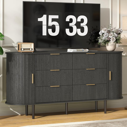 Modern Curved Fluted TV Stand for TVs up to 70 Inches, TV Console with Sliding Doors and Drawers, Credenza with Storage Cabinet for Living Room, 63 Inch, Black
