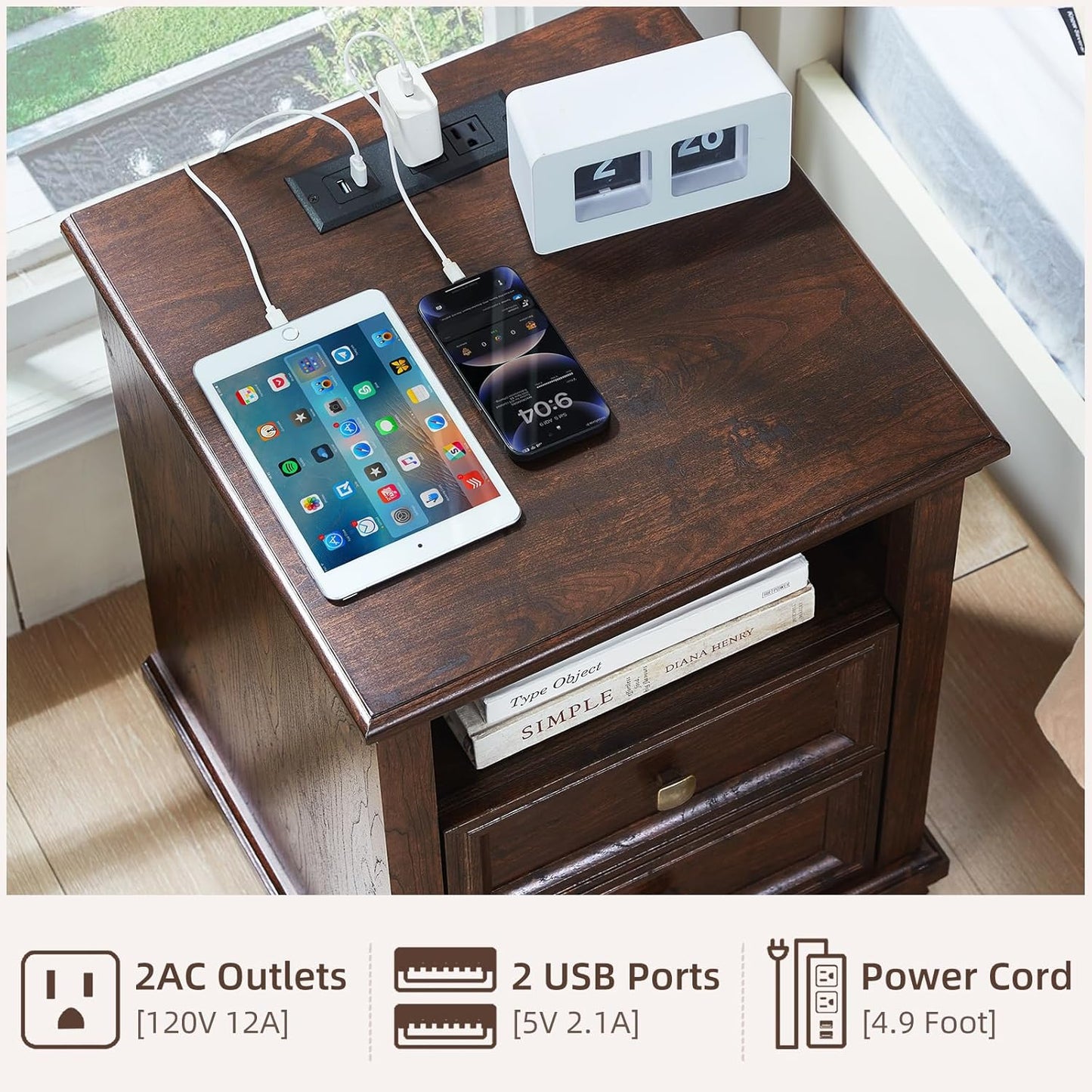 Farmhouse Nightstand with Charging Station, Rustic Brown Nightstand,2 Drawers End Table for Living Room,Bedside Table with Open Shelf for Bed Room,Walnut