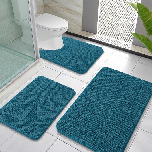 OLANLY Bathroom Rugs Sets 3 Piece, Soft Absorbent Chenille Bath Mats and U-Shaped Contour Toilet Rug, Quick Dry, Home Decor Accessories, Bath Mat Set for Floor (30"x20"+24"x16"+24"x20", Peacock Blue)