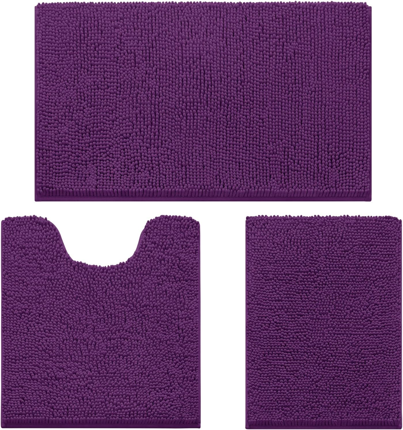 HOMEIDEAS 3 Pieces Bathroom Rugs, Ultra Soft Non Slip Absorbent Chenille Toilet Bath Mat Set (Purple,17"x24"+20"x32"+U Shape 20"x24")