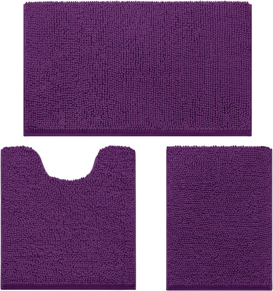 HOMEIDEAS 3 Pieces Bathroom Rugs, Ultra Soft Non Slip Absorbent Chenille Toilet Bath Mat Set (Purple,17"x24"+20"x32"+U Shape 20"x24")