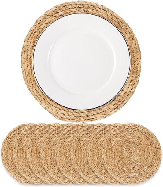 Round Woven Placemats - Boho Rattan Natural Water Hyacinth, Farmhouse Weave Place Mats, Rustic Braided Wicker Table Mats for Dining Table, Home, Wedding (13 Inch Set of 8)