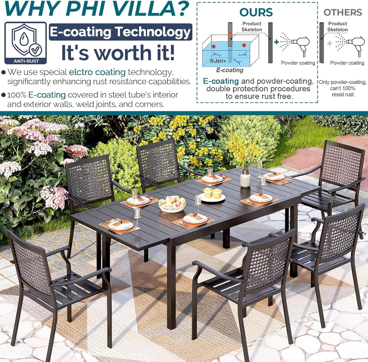 PHI VILLA Outdoor Patio Dining Table and Chairs Set of 7 Pieces Patio Furniture Set Metal Extendable Dining Table and 6 Black Chairs for Bistro Backyard Garden