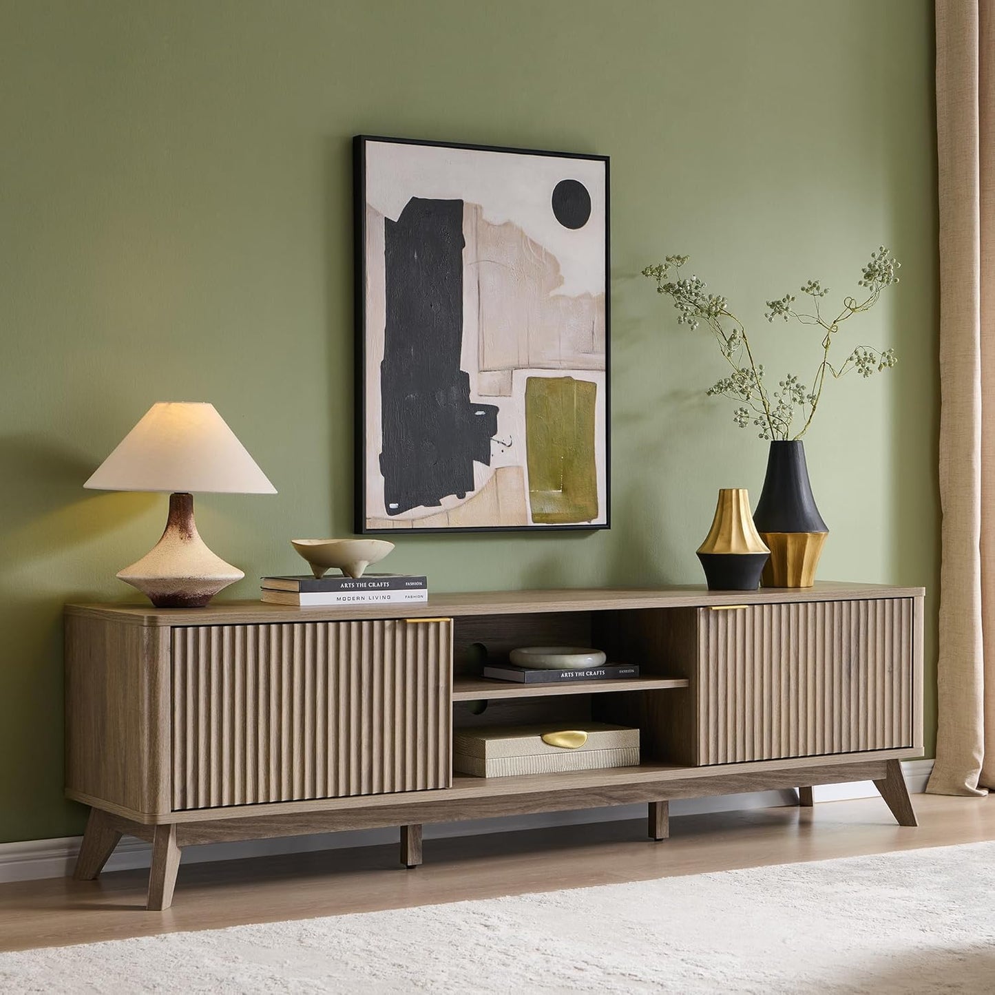 OKD 70" Mid Century Modern Fluted TV Stand, Entertainment Center, Sideboard, Media Console for Living Room with 2 Soft Close Door/Adjustable Shelves (Alder Grey)