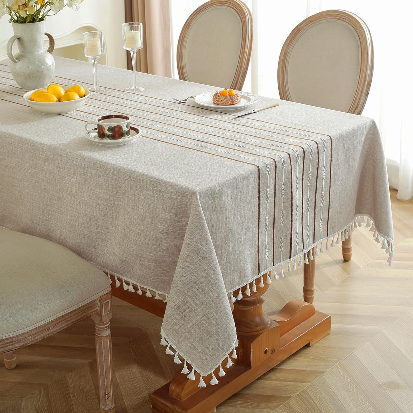 JIALE Tablecloths for Rectangle Tables, Cotton Linen Table Cloth Waterproof Tablecloth Wrinkle Free Farmhouse Dining Tables Cover, Soft Fabric Table Cloths with Tassels, Coffee, 55" X 102", 8-10 Seats