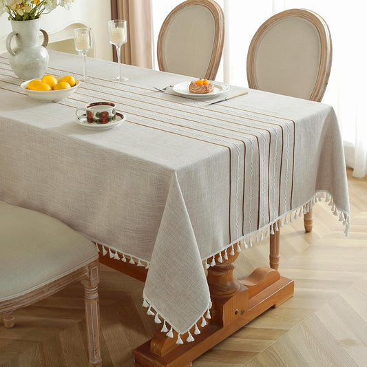 JIALE Tablecloths for Rectangle Tables, Cotton Linen Table Cloth Waterproof Tablecloth Wrinkle Free Farmhouse Dining Tables Cover, Soft Fabric Table Cloths with Tassels, Coffee, 55" X 102", 8-10 Seats