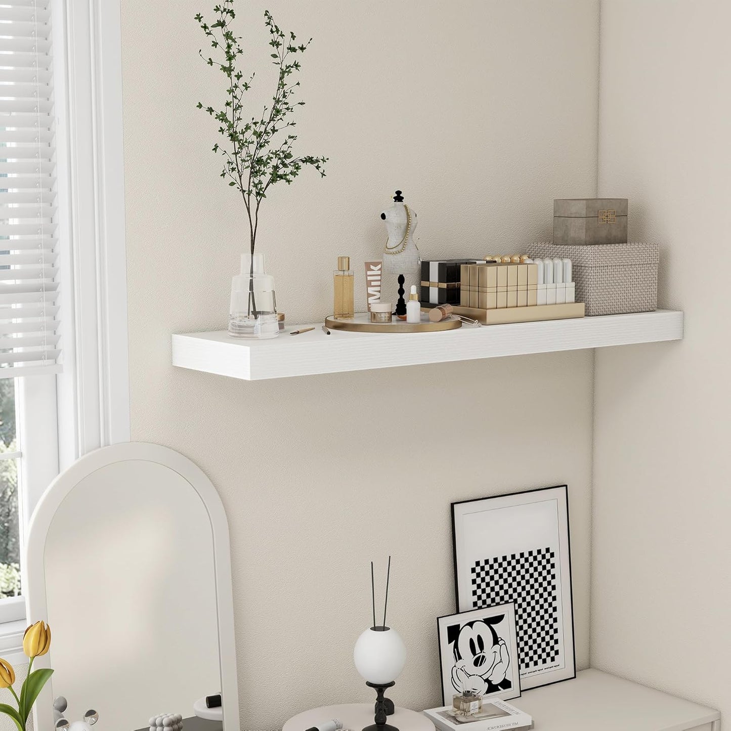 White Floating Shelves for Wall - 48 Inch Wide x 12 Inch Deep Wall Shelves Set of 1 - Rustic Wood Shelves for Living Room, Bathroom, Laundry Room, Bedroom, Kitchen, Home Office