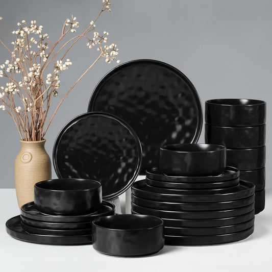 HaWare Dinnerware Sets, 24-Piece Plates and Bowls Set, Stoneware Dish Set for 8, Ceramic Dinnerware for Home Restaurant, Chip and Scratch Resistant, Microwave and Dishwasher Safe, Matte Black