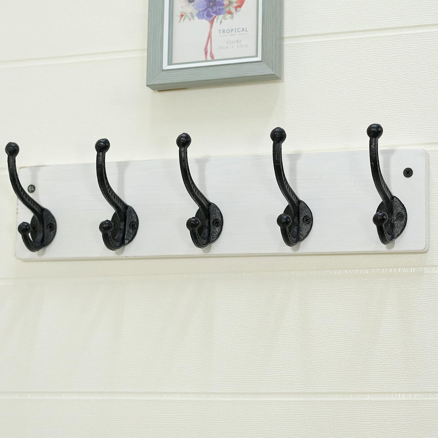 WEBI Rustic Coat Rack Wall Mount,5 Cast Iron Coat Hooks Wall Mounted,Heavy Duty Wall Coat Hanger Hooks for Hanging Coats,Clothes,Black on White,2 Packs
