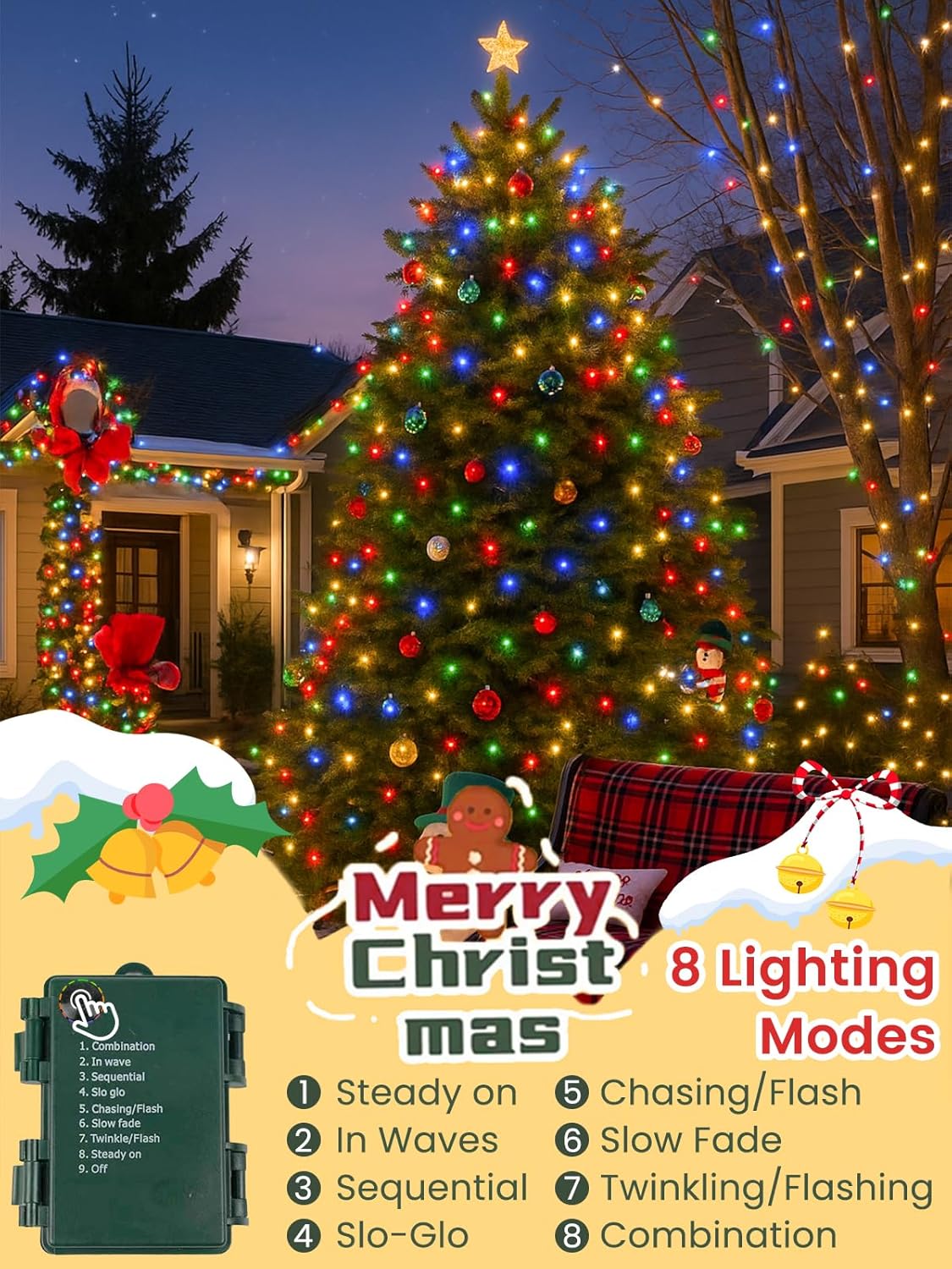 4 Pack Battery Operated Christmas Lights with Timer, 132FT 400 LED Waterproof Battery Twinkle Light, 8 Modes Green Wire Fairy Light for Indoor & Outdoor Bedroom Tree Christmas Decorations (Multicolor)