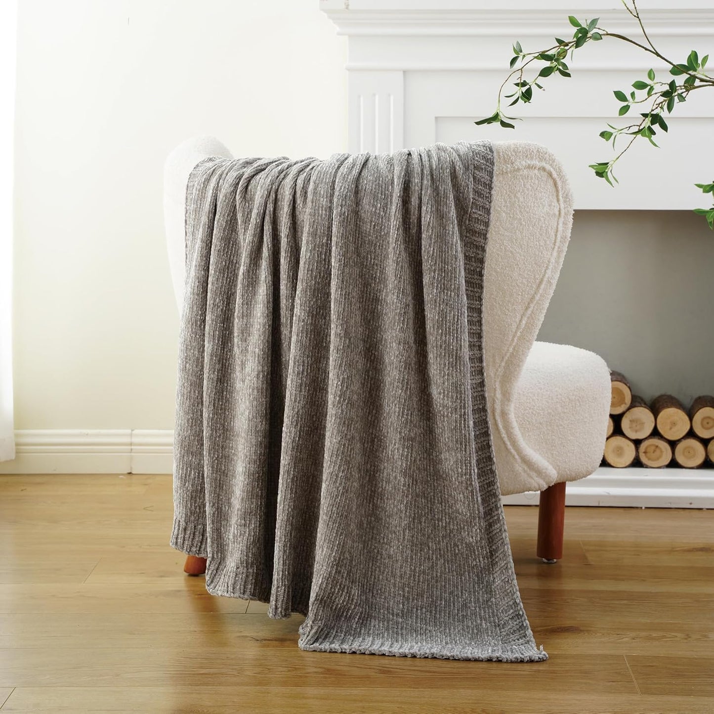 BATTILO HOME Light Grey Throw Blanket for Couch, Soft Knitted Chenille Throw Blanket for Sofa, Chair, Living Room, Cozy Gray Throw Blankets for Bed,51"x67"