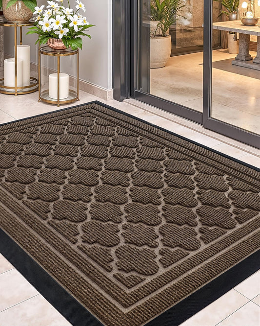 Color&Geometry Front Door Mat Outside Entrance, Heavy Duty Non Slip Low Profile Doormat for Entryway, Trap Dirt and Moisture Welcome Mats All-Weather, Easy Clean, Patio, Garage, 17"x30" Brown