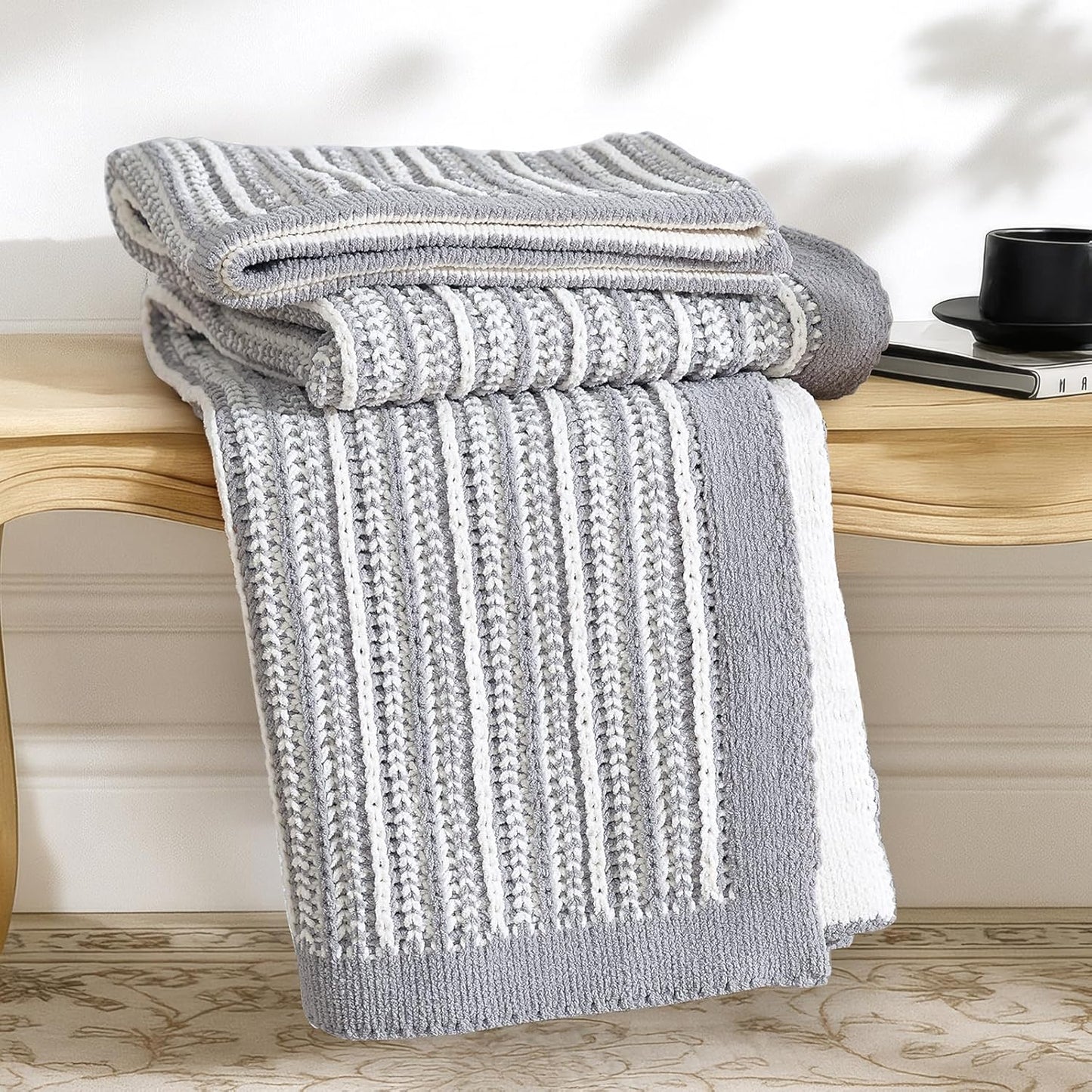 Amélie Home Striped Knit Throw Blanket for Couch, Dual-Sided Soft Chenille Decorative Blankets for Sofa & Chair, 50"x60", Gray & White
