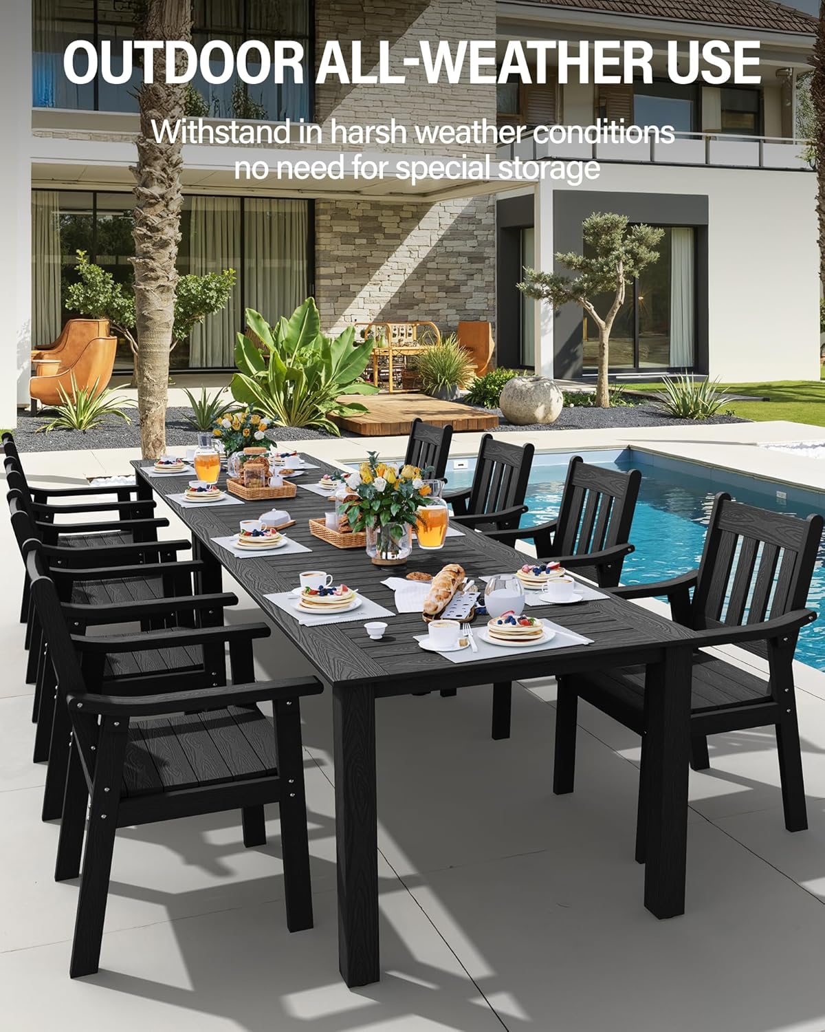 YEFU HIPS Patio Table Set: 10 Piece Outdoor Table and Chairs Dining Furniture Set with Umbrella Hole - Black Modern Plastic Dining Sets 8 Person for Outside Deck with Metal Aluminum Frame
