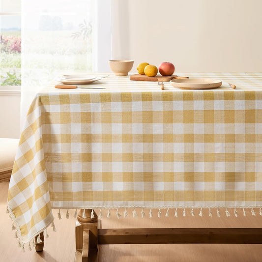 Softalker Checkered Tablecloth Square, Heavy Weight Linen Gingham Outdoor Table Cloth with Tassel, Wrinkle Free Buffalo Plaid Summer Table Cover for Dining/Party/Home - 55 x 55 Inch, Yellow