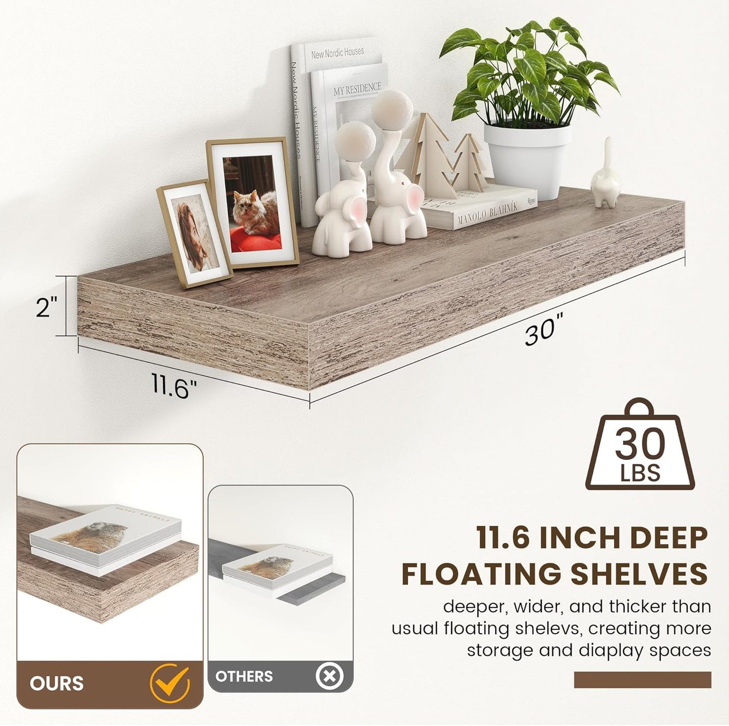 30 Inch Floating Shelves for Wall - 30 Inch Wide x 12 Inch Deep Floating Shelves Set of 1 - Rustic Grey Wood Wide Wall Shelves - Bookshelf Laundry Shelf TV Shelf