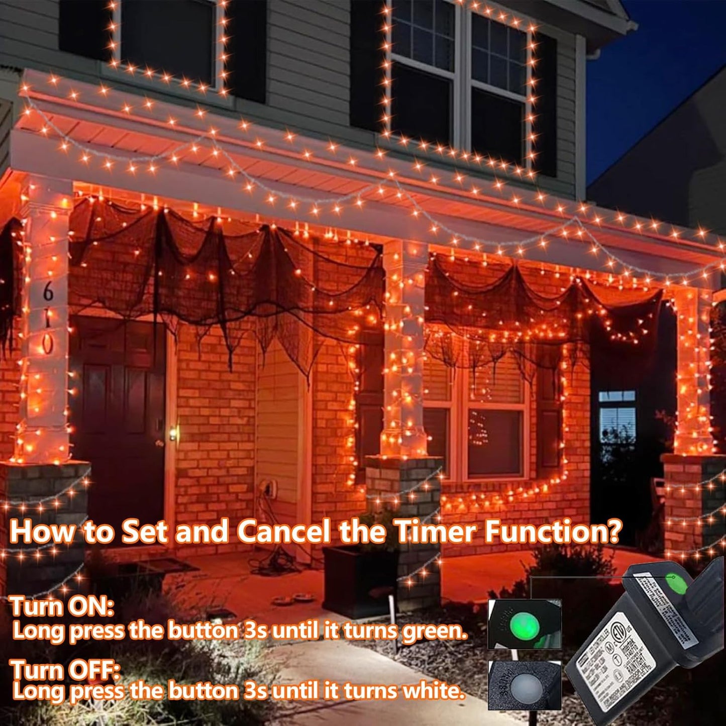 YEGUO 165ft 500 LED Halloween Lights Outdoor Waterproof, Orange String Lights Indoor Plug in, 8 Modes Clear Wire Orange Lights for Halloween