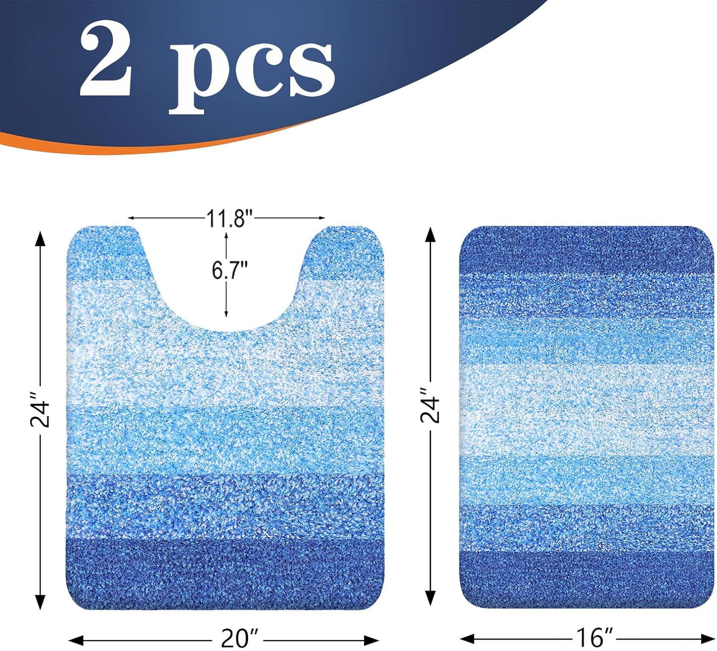 OLANLY Bathroom Rug Set 2 Piece, Soft Absorbent Microfiber Bath Mats and U-Shaped Contour Toilet Rug, Non-Slip, Machine Wash Dry, Shaggy Bath Mats for Bathroom (24"x16"+24"x20", Light Royal Blue)