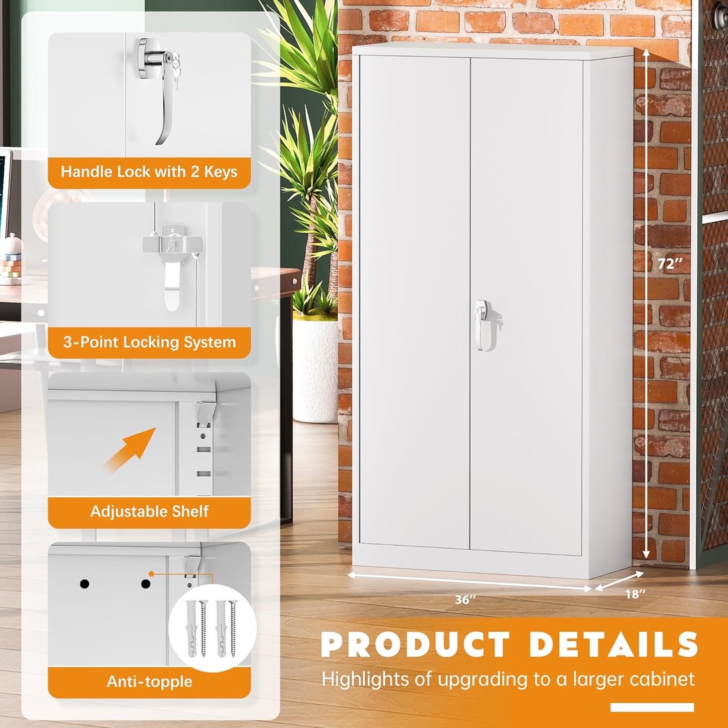 Greenvelly White Metal Cabinet, 72" H Steel Lockable Metal Storage Cabinet with 2 Doors and Adjustable Shelves,Tall Tool Organizer for Office,Home, Garage, Gym, School